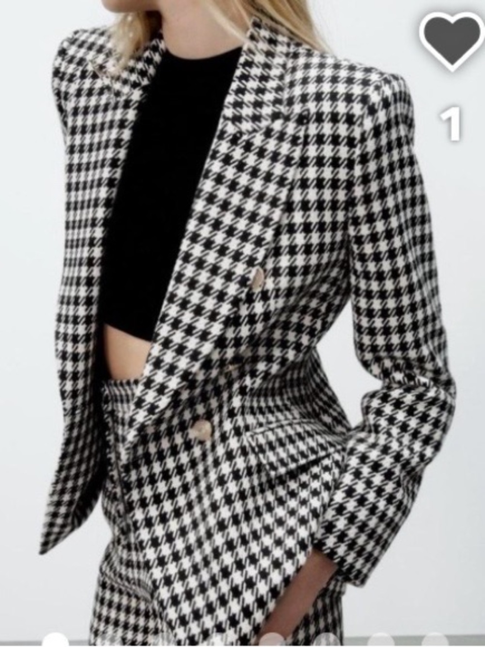 Zara Black & White Houndstooth Double-Breasted Blazer